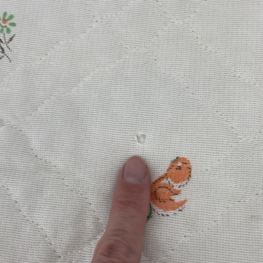 Vintage 70s Acrylic Baby Blanket Satin Trim Woodland Mushrooms Dear Bunny Chick - Picture 14 of 16